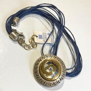 Blue Multi Cord With A 2-Tone Greek Key & Spiral Design Pendant Necklace